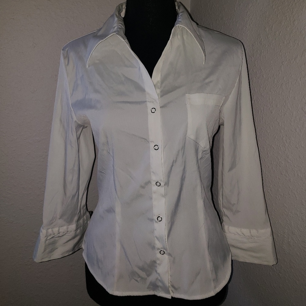 Ladies White Button Down Blouse with Buckles